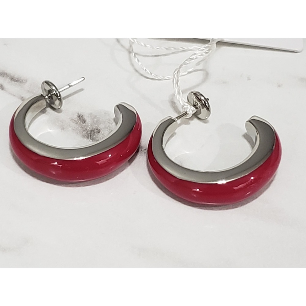 Calvin Klein Pink Enamel Silver Tone Huggie Hoop Earrings 1284W232 NEW